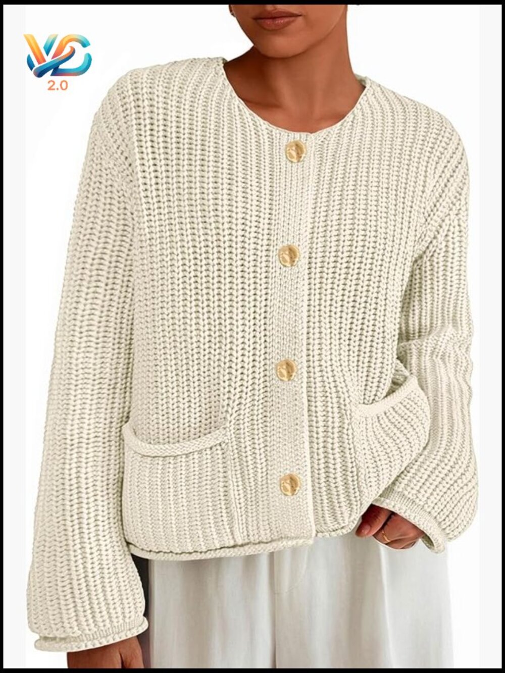 Oversized Chunky Knit Cardigan with Pockets Crewneck Button Front
